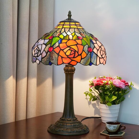 Tiffany Style Stained Glass Lamp Red Orange Purple Pink Rose Table Lamp 19" - Picture 2 of 8